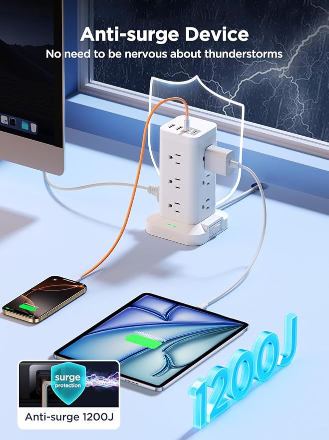 Surge Protector Power Strip, 6FT Flat Plug Extension Cord with 12 AC Outlets, 4 USB Charger(2 USB C Port), 1200 Joules Overload Protection, Desk Charging Station for Home Office, Dorm Room Essentials