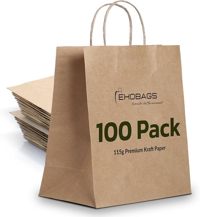 EKOBAGS Granvia | 10x7x12 inches | 100-Pack Kraft Paper Gift Bags with Handles | 115 GSM Brown Paper Bags for Small Business, Shopping & Party Favors | Recyclable | Holds up to 13.8L/8 lbs