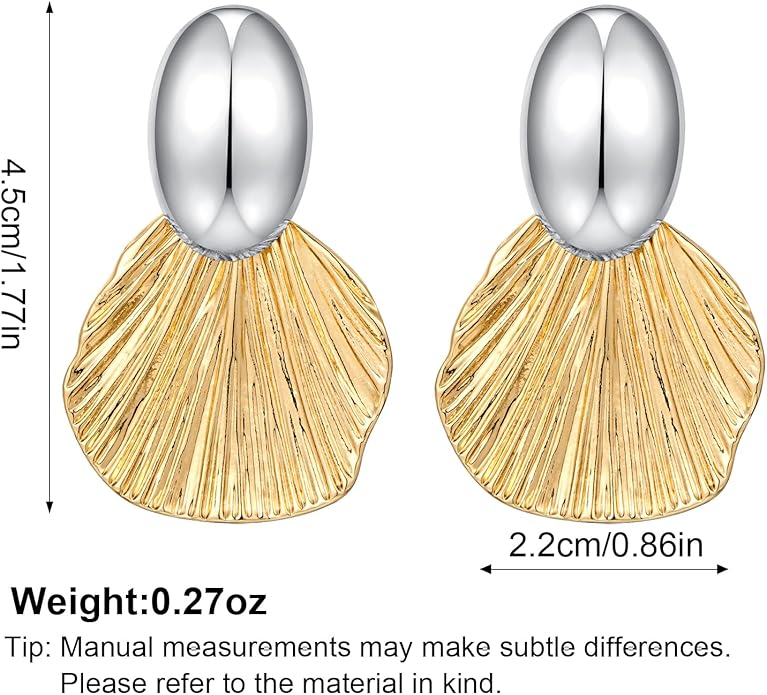 Gold Plated Earrings Dangle Chunky Fan-shaped Earrings Shell Earring for Women Two-Tone Fashion Statement Jewelry