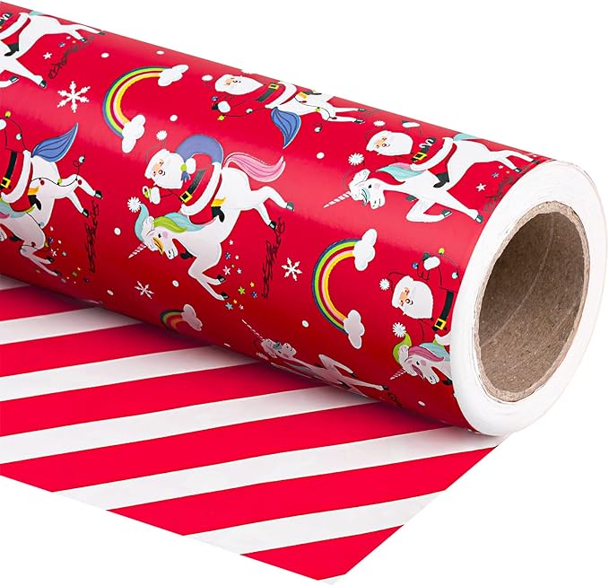 WRAPAHOLIC 30 Inch Jumbo Reversible Unicorn Christmas Wrapping Paper - 30 Inch x 100 Feet Jumbo Roll Red Santa Claus, Unicorn Wrapping Paper and Stripe Design for Holiday, Party