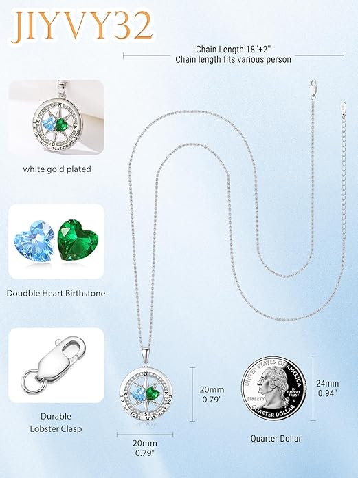 Compass Necklace for Women, Exquisite S925 Valentines Day Anniversary Birthday Gifts for Wife Her Double Birthstone Pendant Jewelry ‘I'd be Lost Without You’