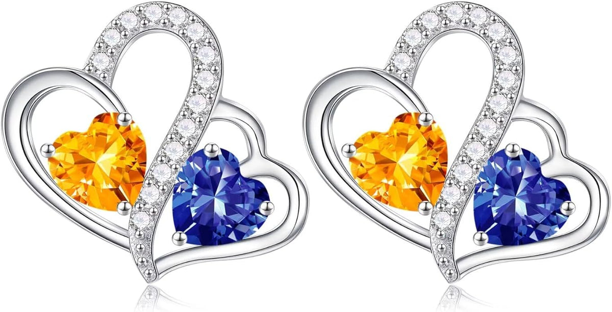 Iefil Valentines Day Gifts for Her - Birthstone Earrings Gift for Women, 925 Sterling Silver Double Heart Birthstone Earrings | Anniversary Birthday Gifts for Women, Personalized Jewelry for Wife Mom