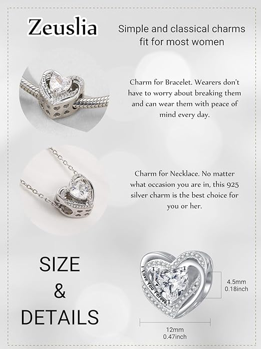 Heart Birthstone Charms for Bracelets, 925 Sterling Silver Women Bead Charms for Charm Bracelets Necklace, Mother's Day Birthday Anniversary Jewelry Gifts for Wife Mom Grandma Daughter