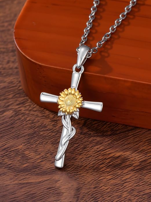Flower Necklace Sunflower/Violet/Daffodil Necklace Sterling Silver Flower Cross Pendant Jewelry Gifts for Women