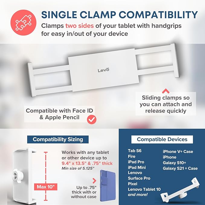 LEVO Adjustable Height Floor Stand for Tablet & Phone - Gooseneck Holder Mount with Stable Base - Compatible with All Cell Phones & Tablets (4-13 inch) - White