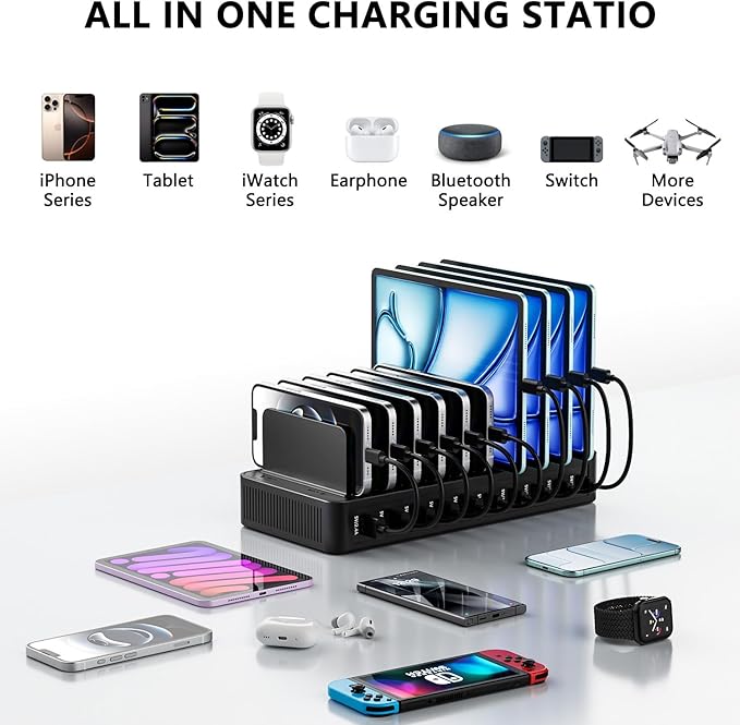 USB C Charging Station for Multiple Devices, 10-Port 100W Charging Dock, with Adjustable Dividers, USB-C Power Hub, Compatible with iPhone/Samsung/Google/Tablets/USB Devices (with 10 Cables)