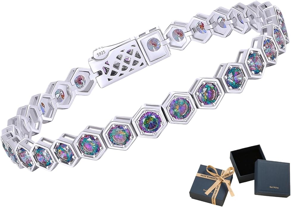 Birthstone Tennis Bracelets for Women Birthday Gifts 925 Sterling Silver Hexagon White Gold Bracelets Round Cut 5A Cubic Zirconia Prong Setting 7 Inch Anniversary Jewelry Gift
