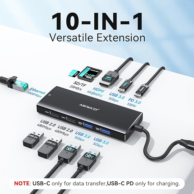 ABIWAZY USB C Hub Multiport Adapter, 10 in 1 USBC to Ethernet Adapter with 4K HDMI, Ethernet Gigabit, 100W PD, USB-C Data Port and SD/TF Slot for MacBook Pro/Air, Dell XPS, iPad Pro, Galaxy (Black)