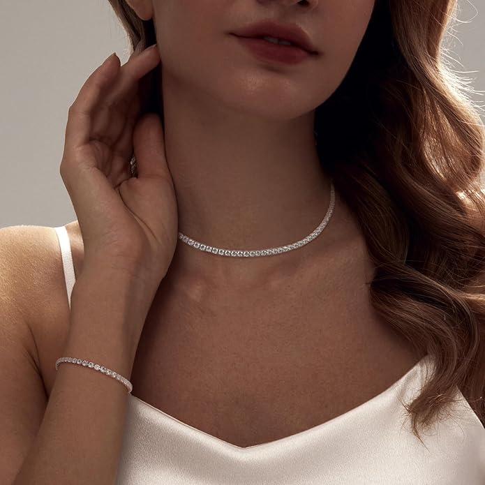 Tennis Necklace Bracelet for Women, Dainty Sterling Sliver Choker Necklace Crystal Link Bracelet Stud Earrings for Women Wedding Jewelry for Bride Jewelry Set Accessories