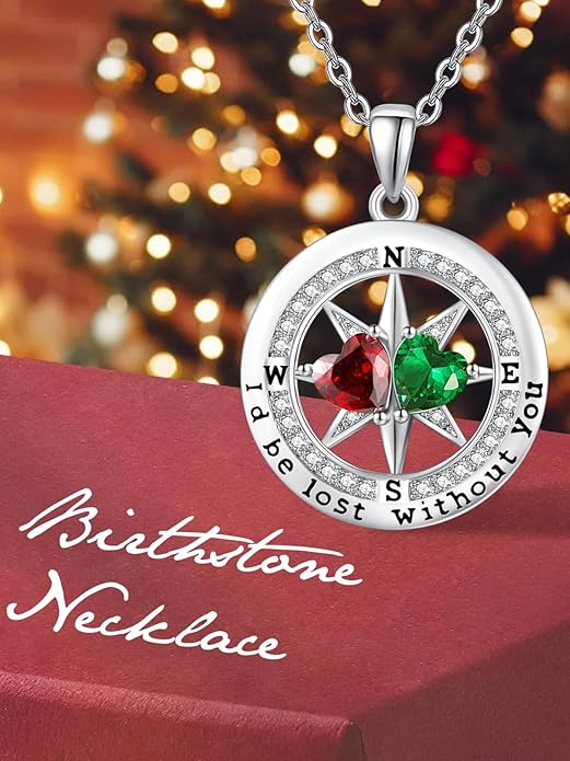 Compass Necklace for Women, Exquisite S925 Valentines Day Anniversary Birthday Gifts for Wife Her Double Birthstone Pendant Jewelry ‘I'd be Lost Without You’