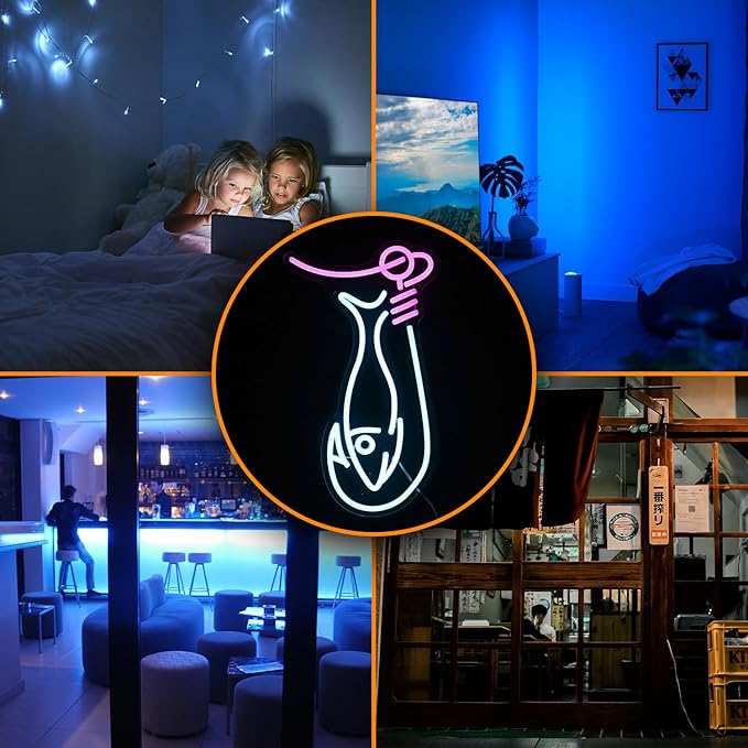 Fishing Neon Sign Dimmable LED Fishing Neon Lights Signs for Wall Decor Fish Neon Wall Light Up Sign for Living room Man Cave Yacht Decor Gift For Boys