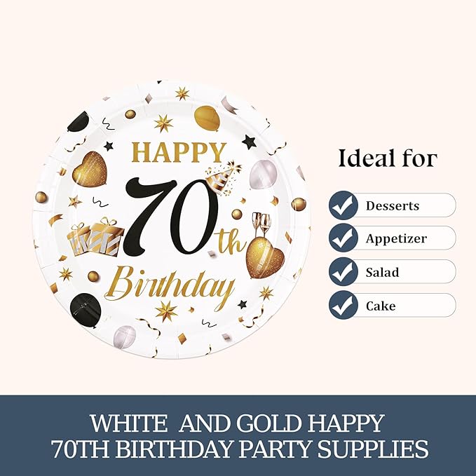 75PCS 70th Birthday Plates and Napkins Party Decorations, 7 Inch White and Gold Happy Birthday Paper Plates and Napkins Disposable Tableware Set 70 Year Old Birthday's Party Decor for Women Men