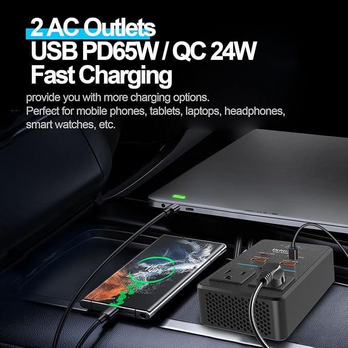 300W Car Power Inverter, DC 12V to 110V AC Car Plug Adapter with LED Display, 65W/24W USB-C Fast Charging Car Outlet Adapter to Wall Plug,Portable Car Charger with Switch Control Converter for Laptops
