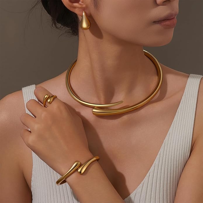 4 Pcs Statement Jewelry Set for Women – 18K Gold Plated Teardrop Necklace, Gold Drop Earrings, Bold Rings & Cuff Bracelets, Elegant Jewelry Gifts for Women