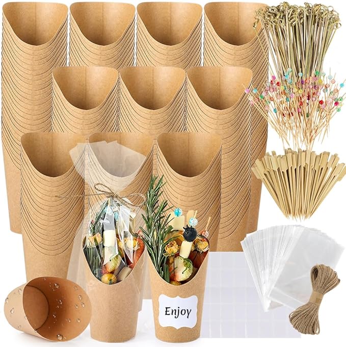 100 Sets 12 oz Charcuterie Cups with Sticks, 300 Picks + 100 Bags + 100 Labels, Individual Charcuterie Cups, Brown Paper Snack Cups Disposable French Fry Cups for Parties, Catering