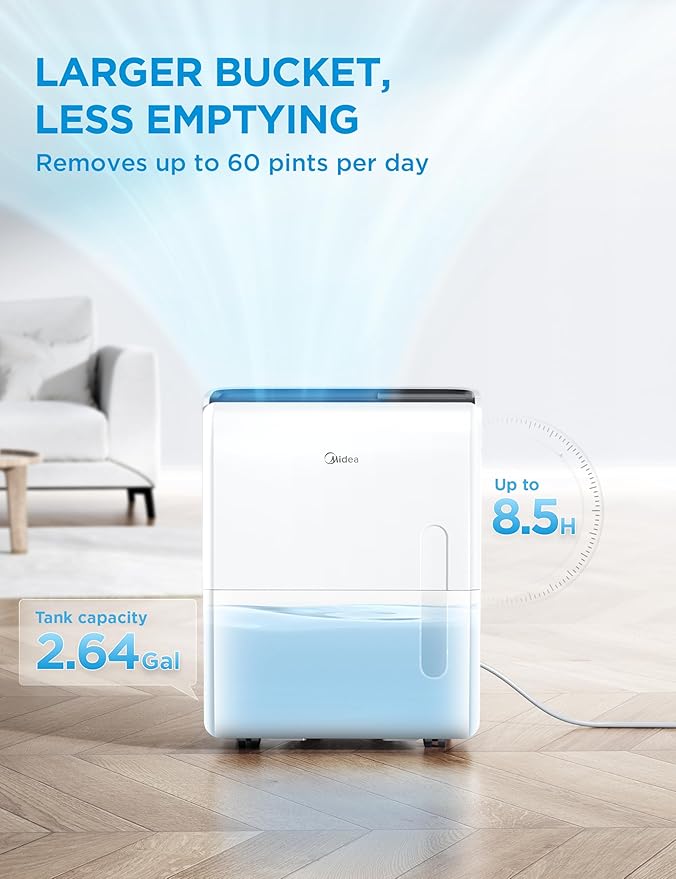 Midea 5,500 Sq. Ft Dehumidifier for Basement, 60 Pint dehumidifier with pump, APP & Alexa Smart Control, 2.64 Gallon Water Tank, Intelligent Humidity Control, Ideal for Home, Basement, Garage