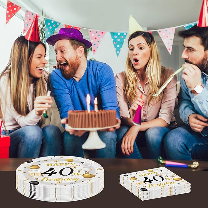 75PCS 40th Happy Birthday Plates and Napkins Party Decorations, 7 Inch Premium Grey and Gold Birthday Paper Dessert Cake Plates and Napkins Disposable Tableware Set Party Supplies for Women Men