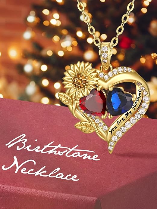 Sunflower Heart Necklace for Women 14K Gold Exquisite Valentines Day Anniversary Birthday Gifts for Wife Mother Her Double Birthstone Pendant Jewelry‘You Are My Sunshine’
