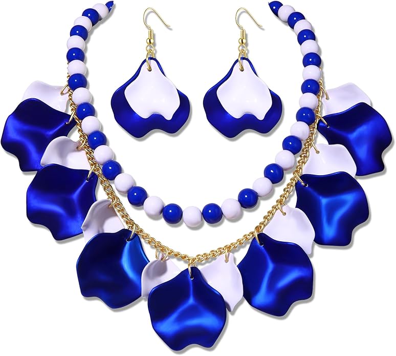 Flower Petal Necklace Earrings Set Layered Statement Beaded Jewelry Set for Women Summer Necklace Earrings