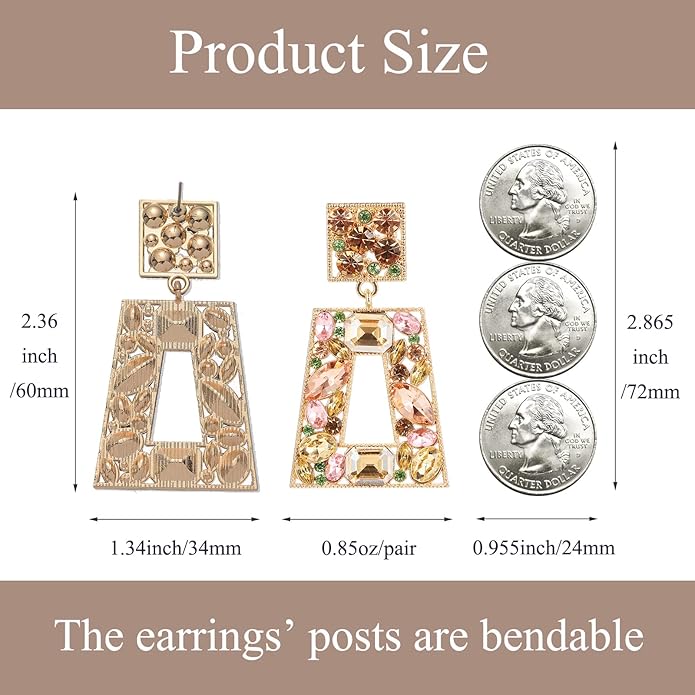 Rhinestone Rectangle Statement Earrings Colorful Crystal Geometric Drop Dangle Earrings for Women Prom Party