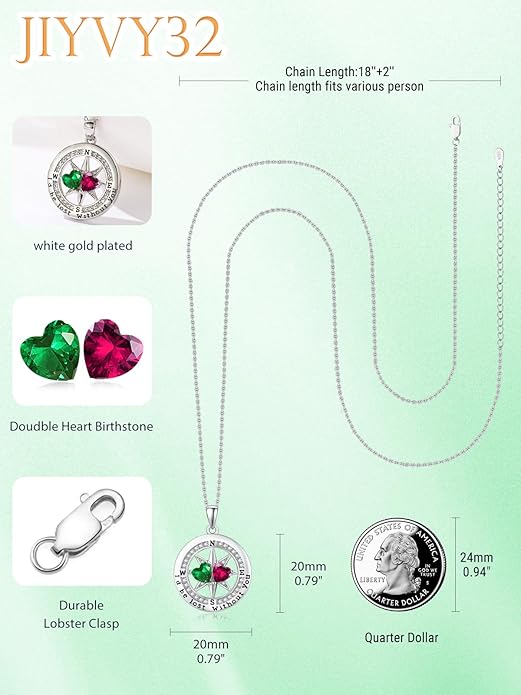 Compass Necklace for Women, Exquisite S925 Valentines Day Anniversary Birthday Gifts for Wife Her Double Birthstone Pendant Jewelry ‘I'd be Lost Without You’