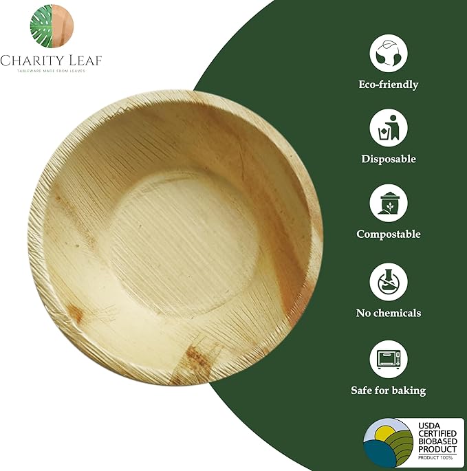 Charity Leaf Disposable Palm Leaf 6" Round Bowl (200 pcs) Dipping Bowls | Bamboo Like| All Natural and Biodegradable | Charcuterie Boards, BBQs, and Parties