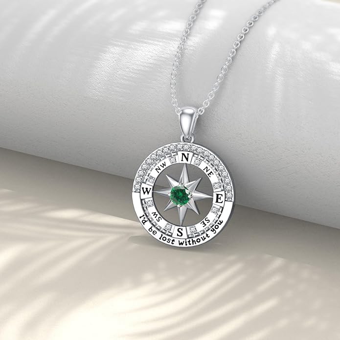 Compass Birthstone Necklace Gift for 2025 Graduation 925 Sterling Silver Compass ‘I'd be Lost Without You’ Pendant Necklaces Jewelry for Women Her Wife Gift for Birthday Anniversary