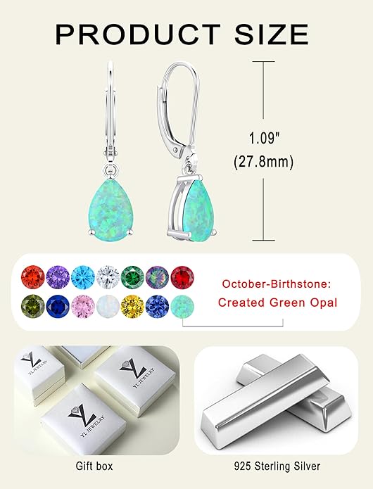 YL 925 Sterling Silver Teardrop Dangle Drop Earrings for Women 7x10 MM Solitaire Birthstone Leverback Jewelry