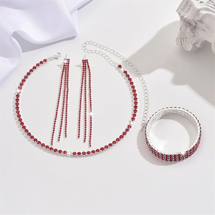 PINK TOWN Vintage Rhinestone Bridal Jewelry Sets,Crystal Wedding Prom Earrings Necklace Bracelet Set Fashion Zircon Bride Jewelry Dress Accessories for Women