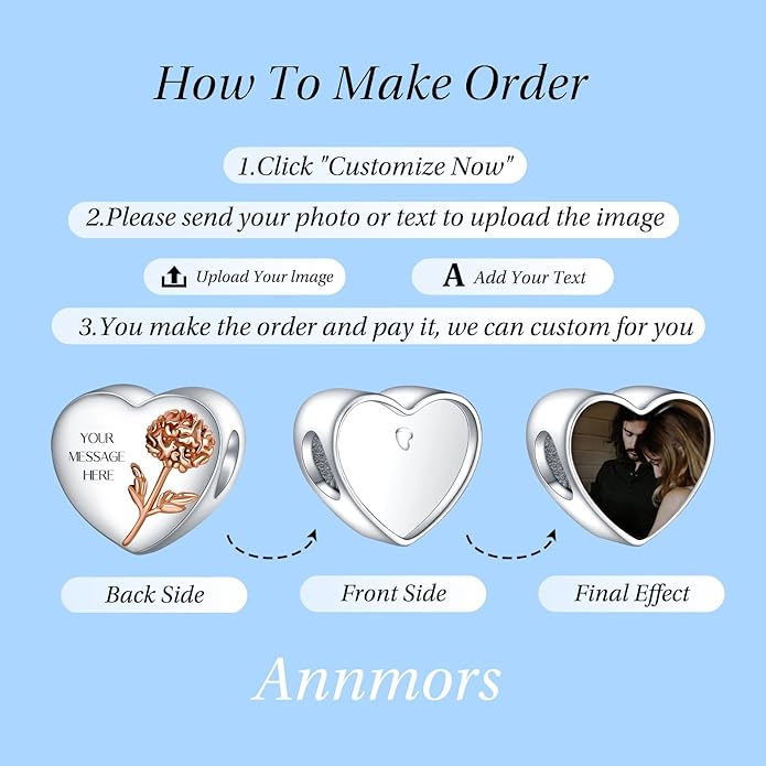 Annmors Personalized Photo Charm for Bracelet Necklaces,925 Sterling Silver Charm Love Heart Shaped Engraved Customize Picture Gift for Birthday Mother's Day Christmas,Bead Charms Jewelry for Women