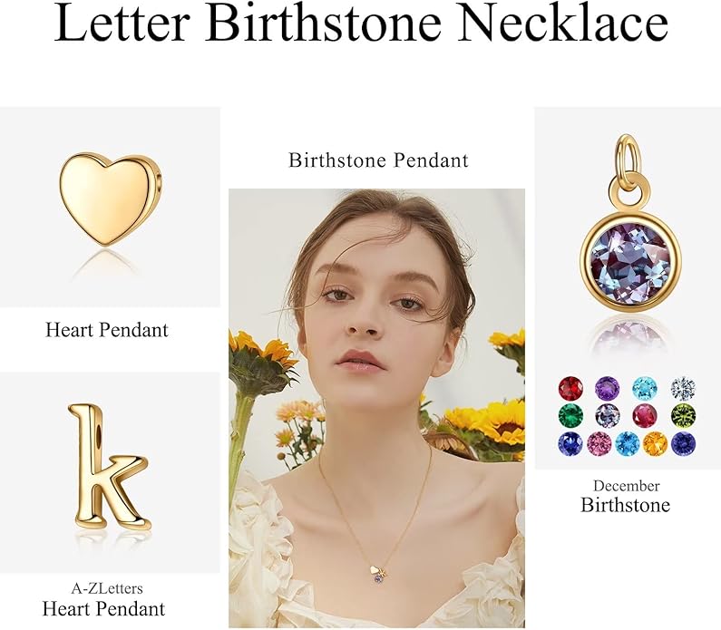 Ursilver Initial Birthstone Necklace for Women - Heart Initial Birthstone Pendant Necklace Personalized Gifts Birthday Gifts for Women