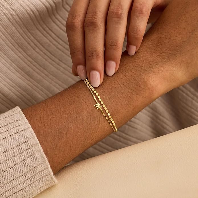 Initial Bracelets for Women, Dainty 14K Gold Plated Layered Letter Bracelet, Trendy Charm Stackable Jewelry Valentines Day Gift for Her