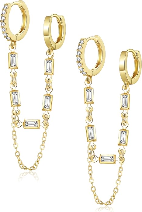 Tassel Chain Small Gold Hoop Dangle Earring For Women Huggie Earring Heart Star CZ 14K Gold Plated Fashion Jewelry Friendship Gift