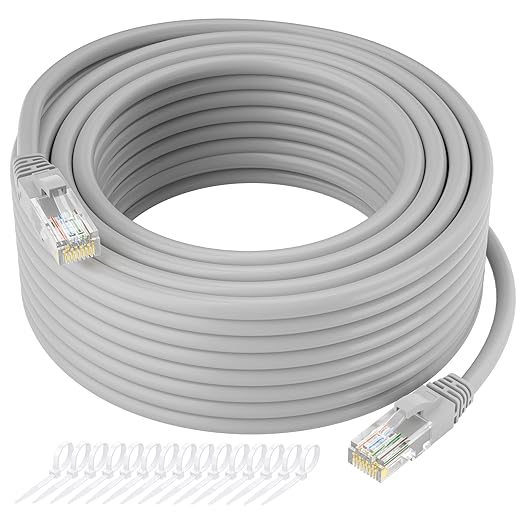 Cat5e Ethernet Cable 250 FT, Long Cat 5e Internet Cable, Grey Snagless Patch Cord, Flexible, Network, LAN, PoE, Standard RJ45 Connector for PC, Server, Router, Modem, TV, PS5 - with 15 Cable Ties