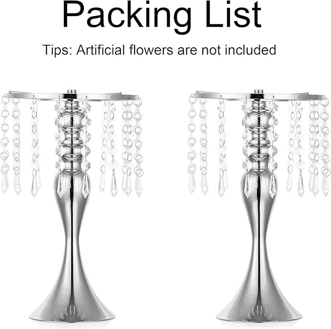 2 Pcs Silver Vases for Centerpieces, 13.8in Crystal Flower Arrangement Stand, Wedding Centerpieces for Tables, Tall Metal Flower Vase Holders for Wedding, Event, Reception, Birthday, Home Decor