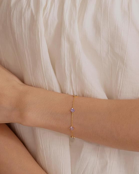 JSJOY Birthstone Bracelets for Women, 14K Gold Bracelets for Women Mom Gifts Birthday Valentines Day Gifts for Gf Dainty Flower Gift for Her Birthstone Bracelet Mothers Day Gift