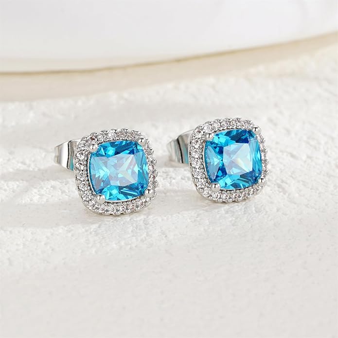 YOMELA Cubic Zirconia Earrings Studs, Halo CZ Birthstone Simulated Diamond Stud Earrings for Women