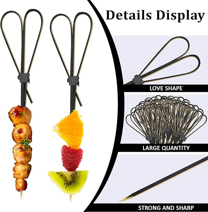 1000 Pieces Bamboo Cocktail Picks,4.7 Inch Heart Shaped Wooden Toothpicks for Appetizers, Skewers for Charcuterie Boards, Fancy Food Picks for Parties, Drinks, Wedding Essentials (Black)