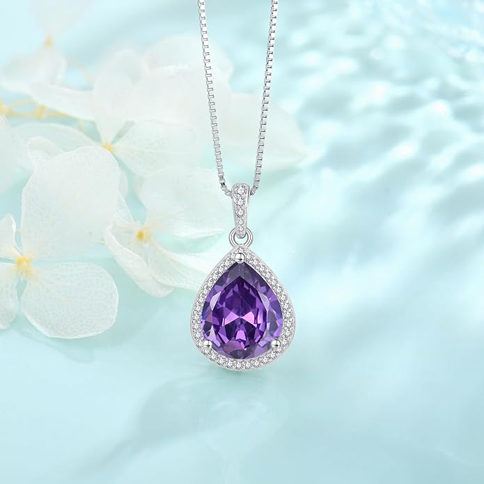 FJ Teardrop Pendant Necklace 925 Sterling Silver Birthstone Jewelry Gifts for Women