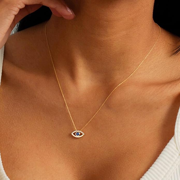 Evil Eye Necklace for Women 14K Gold Plated Delicate Necklaces Blue White CZ Diamond Pendant Necklace Cute Boho Tiny Evil Eye Lucky Protection Jewelry Gift for Women