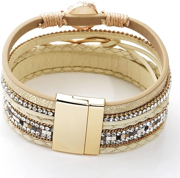 Suyi Multilayer Leather Wrap Bracelet Heart-Shape Wide Cuff Bracelets for Women