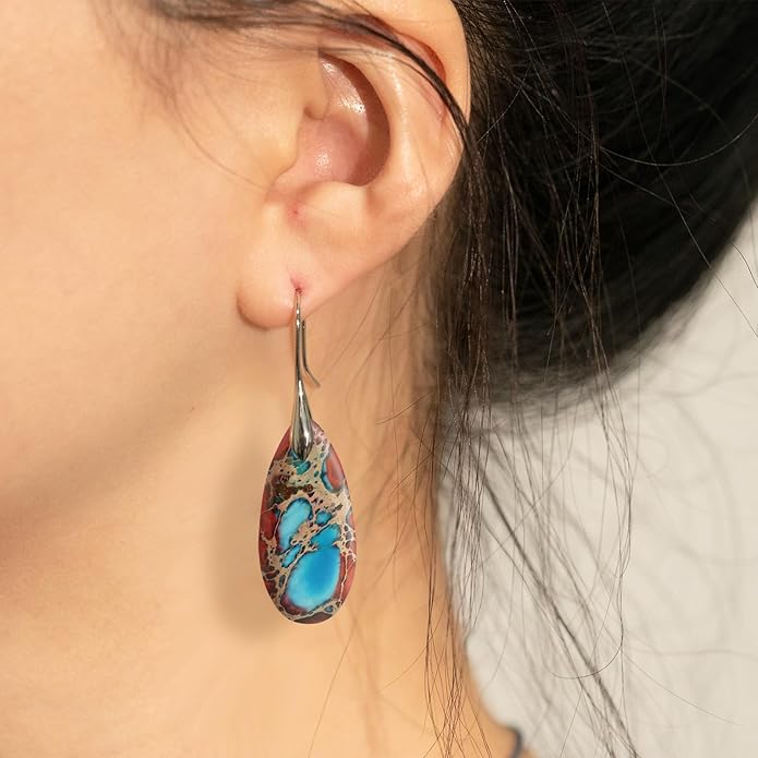 Natural Healing Stone Fishhoop Dangle Drop Earrings Statement Gold silver earrings