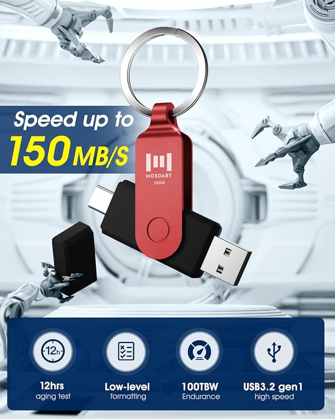 MOSDART 256GB USB3.1 Fast Speed C and A Dual Flash Drive, exFAT Memory Stick with Keychain and LED Indicator, for iPhone 15 and 16, Android Phone, iPad, MacBook, and Other Laptops, Red