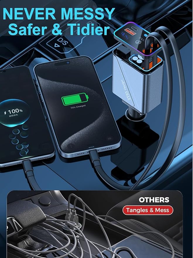 4 in 1 Retractable USB C Car Charger Adapter - 146W/65W Fast Charging, 35.43in Cord, Gift for Men & Women, Compatible with iPhone 16/15/14/13/12 & Android
