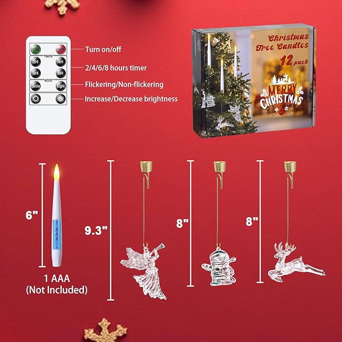 Pack of 12 Flickering Remote 0.5" x6" LED Short Taper Candles with Snowman Reindeer Fairy Hooks, Battery Operated Timer Window White Plastic Flameless Candlesticks for Holiday Decor