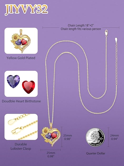 Sunflower Heart Necklace for Women 14K Gold Exquisite Valentines Day Anniversary Birthday Gifts for Wife Mother Her Double Birthstone Pendant Jewelry‘You Are My Sunshine’
