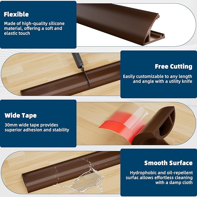 10ft Side Buckle Floor Cord Cover for Wires, Selfadhesive Extension Cord Hider Easy Floor Cable Management Prevent Cable Trips,Silicone Floor Wire Covers for Cords, Cable Protector Cord Cavity（Brown）