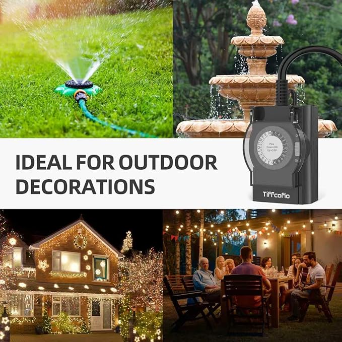 Outdoor Timer Outlet Waterproof, 24 Hour Mechanical Light Timer Outdoor, 2 Grounded Outlets for Home and Garden, 15A 1/2HP, Heavy Duty, ETL Listed (2 Pack)