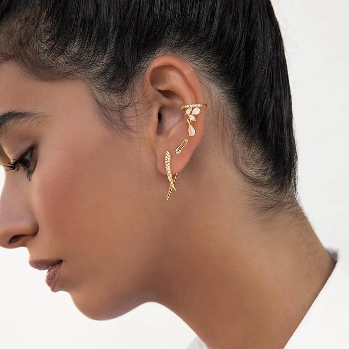 MYEARS Women Earrings Gold Huggie Hoop Ear Stud Cuff 14K Small Simple Hypoallergenic Everyday Jewelry