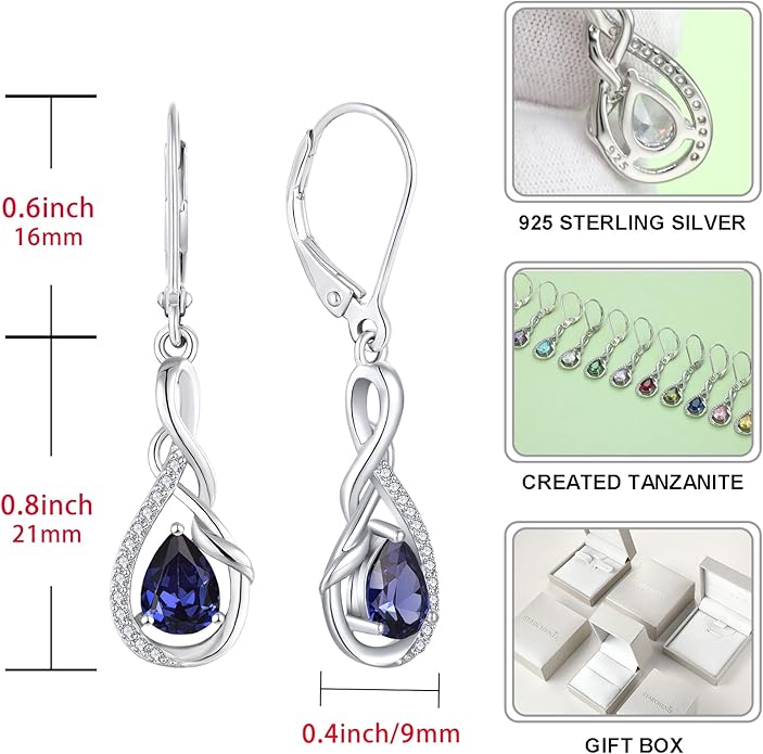 Starchenie Infinity Dangle Drop Earrings Sterling Silver Leverback Earrings Gemstones Twisted Jewelry